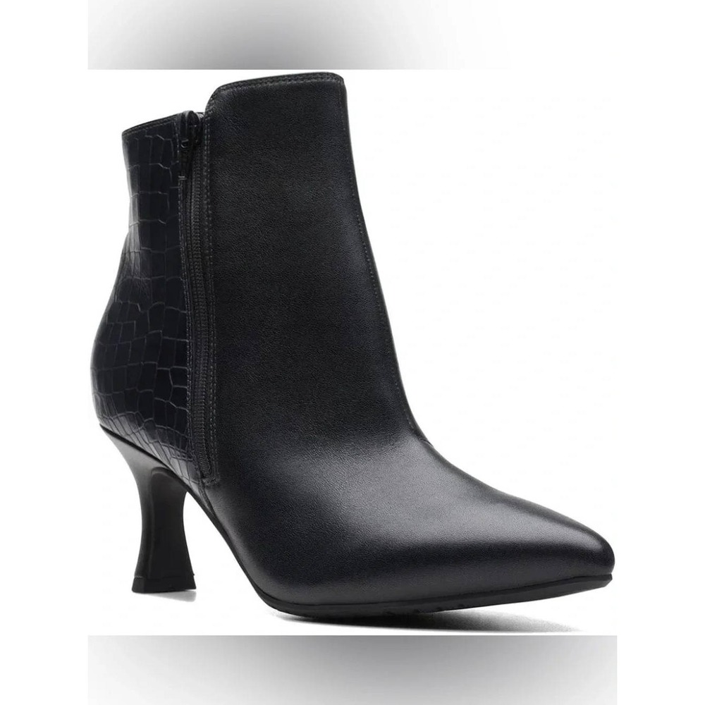 Clarks Kataleyna Glow Black Leather Croc Embossed Kitten Heel Ankle Boots 11 W